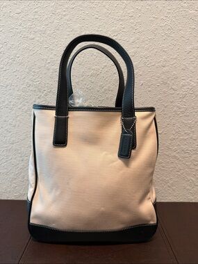 Coach Canvas Tote Bag with Black Trim - Cream and Black